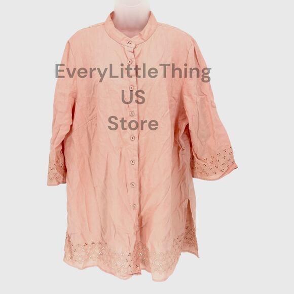 Edward Linen Tunic Top Blouse Shirt Plus Size 2X Pink Eyelet 3/4 Sleeve Button - Picture 1 of 7
